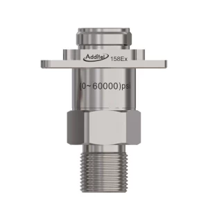 Additel 158Ex pressure sensor. Stainless steel device with threaded end, hexagonal nut, and nameplate with pressure range of 0-60000 psi.
