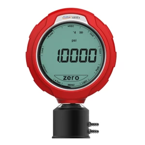 Additel ADT685Ex digital pressure gauge. Red, round gauge with a digital display showing 10000 psi. Gauge pressure measurement tool.