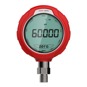 Additel ADT685 digital pressure gauge. Red gauge pressure instrument with a digital display showing a pressure reading of 60000 psi.
