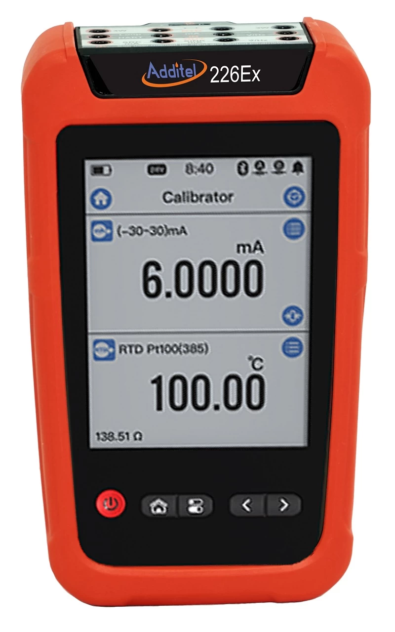Additel 226Ex calibrator with orange case. The screen displays 6.0000 mA and 100.00 degrees C. It shows RTD and mA calibration values.