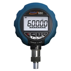 ADT680-CP digital pressure gauge. Compound pressure instrument with a blue casing and digital display showing a pressure reading of 60000 psi.