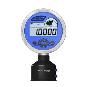 ADT681-DP-DL Digital Pressure Gauge. Differential pressure data logging device with a blue display showing a pressure reading of 1.0000 psi.