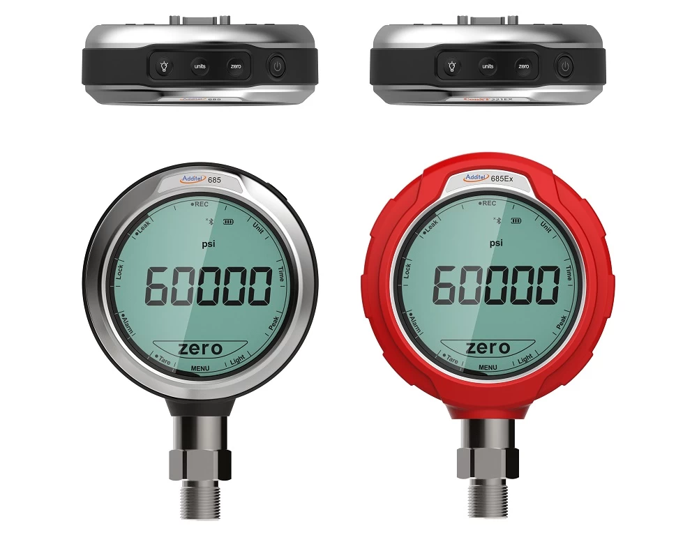 ADT685 Digital Pressure Gauge. Two digital gauge pressure measuring devices, one silver and one red, both displaying 60000 psi.