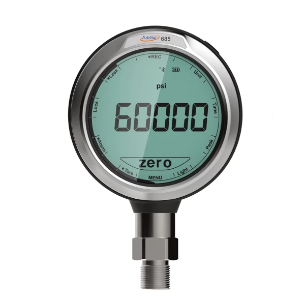 Additel ADT685 digital pressure gauge showing 60000 psi. High-precision gauge pressure measurement instrument for industrial applications.