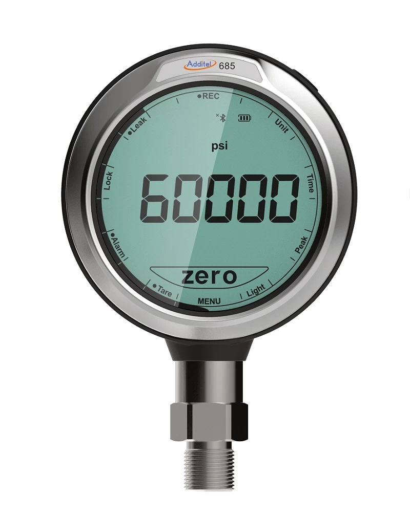 Additel ADT685 digital pressure gauge showing 60000 psi. High-precision gauge pressure measurement instrument for industrial applications.
