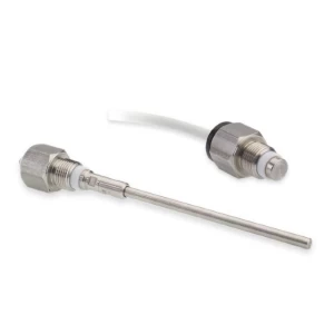 CNP-18 Conductivity Level Probe: Stainless steel probe with a hexagonal head and a long, thin sensor extending from it; white cable attached.