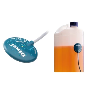 FLD-48N Flexible Capacitance Level Switch by Dinel. Blue sensor with water droplets and a container with liquid, showing level detection.