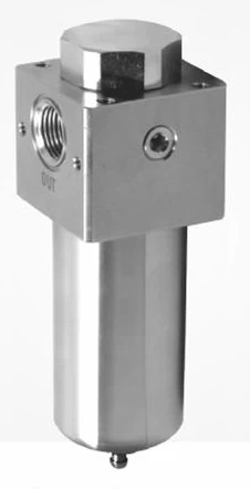 316 Stainless Steel Filter: Industrial regulator/lubricator with a cylindrical body and a hexagonal top, showcasing its metallic finish and robust design.