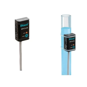 Dinel GPLS-25 capacitance level switches, showing the device alone and attached to a clear tube with blue liquid inside.