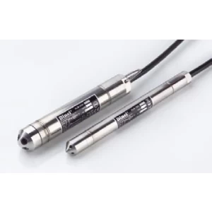 HLM Series Hydrostatic Level Transmitter. Two Dinel Hydrostatic Level Transmitters, cylindrical and silver, with black cables, on white.