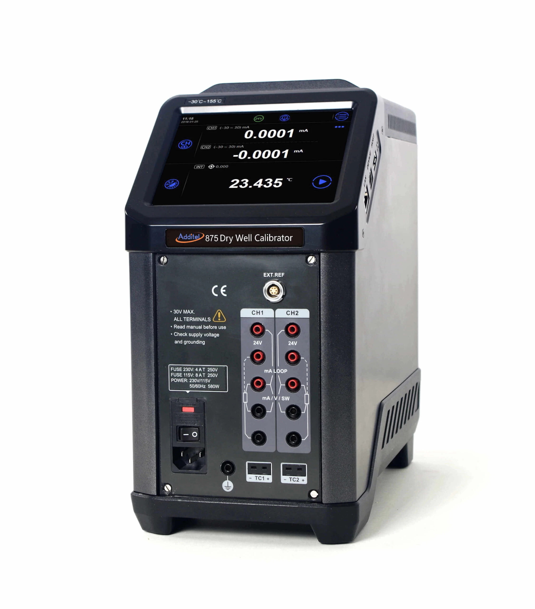 Additel ADT875-155 Dry Well Calibrator: precision temperature calibration instrument with digital display, ports, and safety certifications.