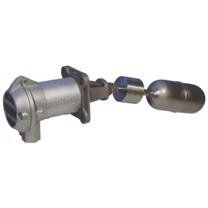 Close-up of a standard level switch. The silver-colored switch has a float attached to it. It's used to detect the level of a liquid in a tank.