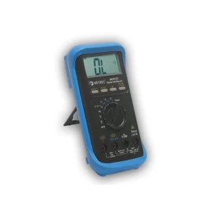 Metrel MD 9020 Digital Multimeter. Blue and black handheld device with a display screen and various settings for measuring electrical properties.