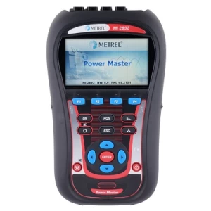 Metrel MI 2892 Power Master analyzer. A handheld device with a screen, function buttons, and directional controls for electrical measurements.