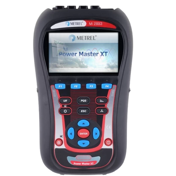 Metrel MI 2893 Power Master XT, a handheld power quality analyzer. Features a color display, function buttons, and navigation controls.
