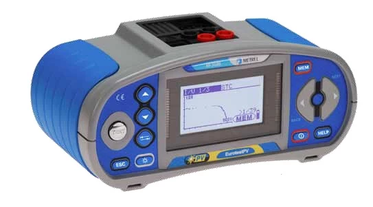 MI 3108 EurotestPV device. Portable photovoltaic tester with a screen displaying a graph, blue and gray casing, and multiple control buttons.