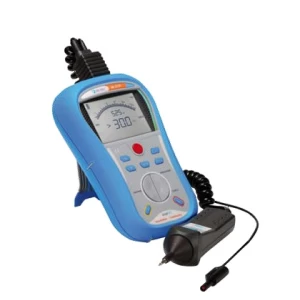 MI 3121 Insulation Continuity tester. Digital display, blue casing, and test probe. Electrical testing equipment for insulation resistance.
