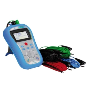 MI 3123 Earth Tester kit. Blue earth tester with screen, buttons, and color-coded wires (red, blue, black, green) for electrical grounding tests.