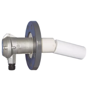 Close-up of a plastic level switch with a gray flange, metal housing, and white float. A device used for liquid level detection and control.