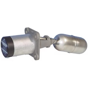 Close-up of a pneumatic level switch. The device features a metallic float, a mounting flange, and a cylindrical sensor housing. Industrial automation component.