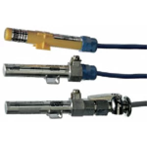 Three reed switches, including cylindrical metal and yellow plastic models, with attached blue and gray wires.