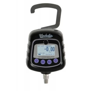 Winchester auto-ranging digital gauge with hook. The gauge has a digital display and buttons for units and zeroing. It's for measuring pressure.
