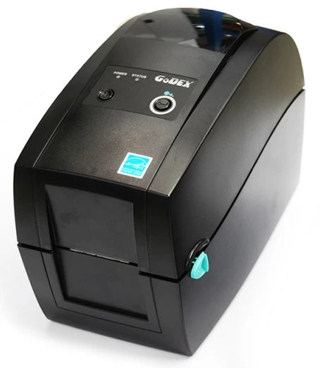 GoDEX Delta complete print pack. Black label printer with power and status buttons. Energy Star certified, ideal for efficient label printing.