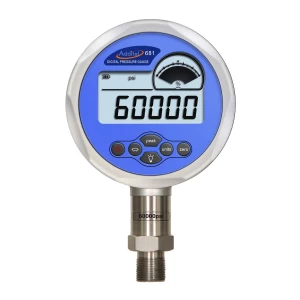 Additel 681 digital pressure gauge showing a reading of 60000 psi. Close-up of the gauge with a blue face and digital display. Precision measurement.