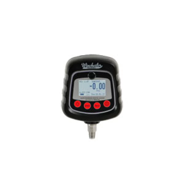 Winchester digital gauge. Black digital pressure gauge with a digital display, four red buttons, and a silver connector.