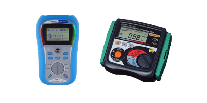 Calibration services: Electrical testing tools including a Metrel Smartec RCD Z and a Kyortisu insulation continuity tester, used for calibration.