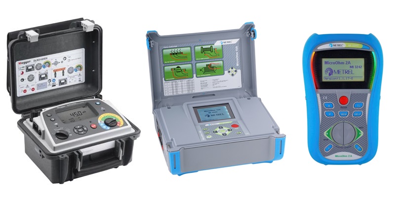 Calibration Services: Three electrical testing devices for accurate readings. Megger DLRO10H, Metrel MicroOhm 10A, and Metrel MicroOhm 2A.