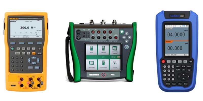 Calibration Services: Three electronic calibration devices, including a Fluke calibrator, Beamex calibrator, and Additel calibrator.