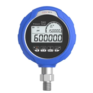 ADT681A digital pressure gauge. Close-up of a blue gauge pressure device with a digital display showing readings and units. Optional absolute gauge.